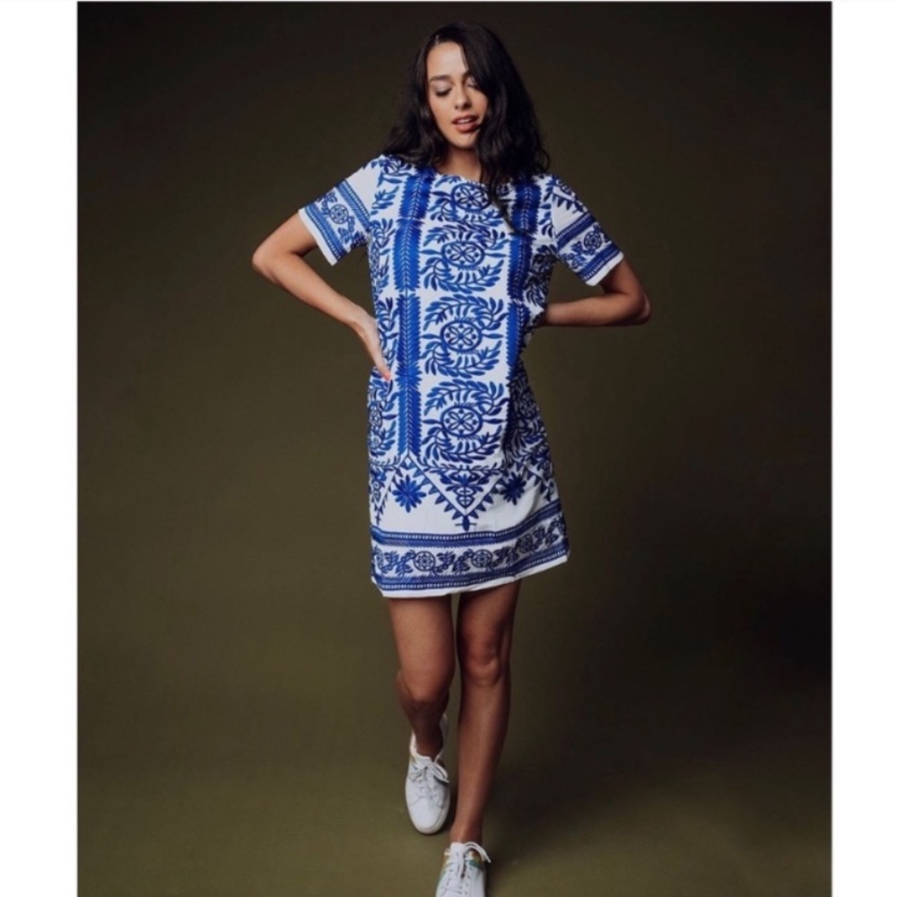 Blue & White Embroidered Floral Dress